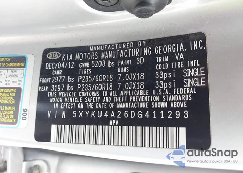 2013 Kia Sorento Ex V6 из США, поврежденный, VIN 5XYKU4A26DG411293